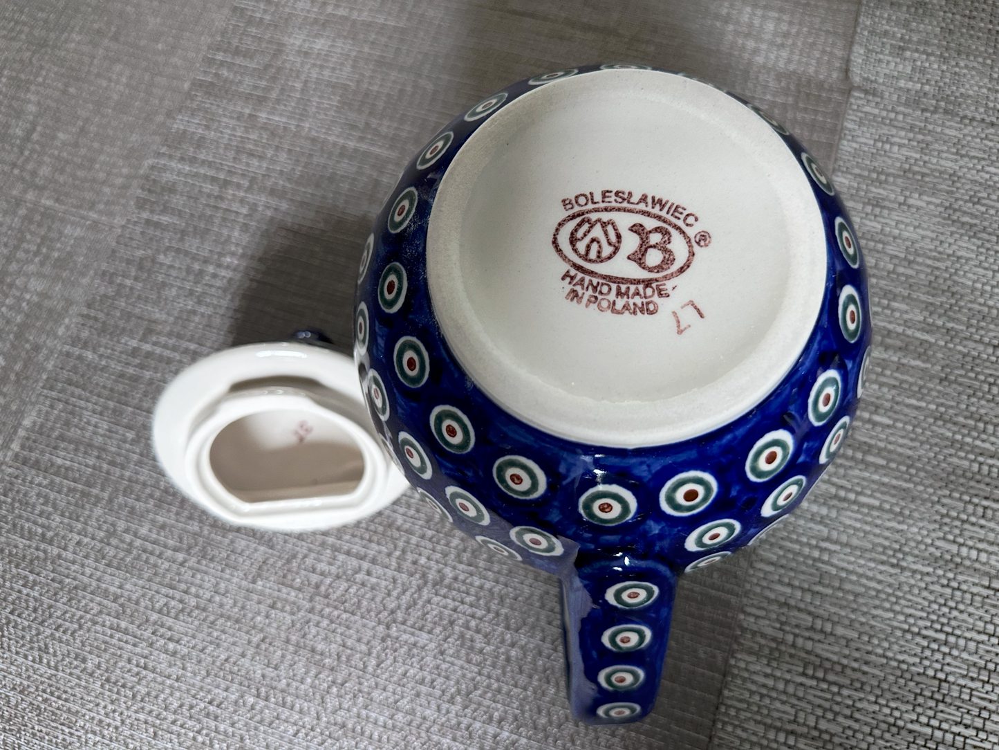 Zakłady Ceramiczne Bolesławiec Polish Pottery - Handmade - Pitcher with Lid – "Peacock Leaf" Pattern, 1 1/2 Qt