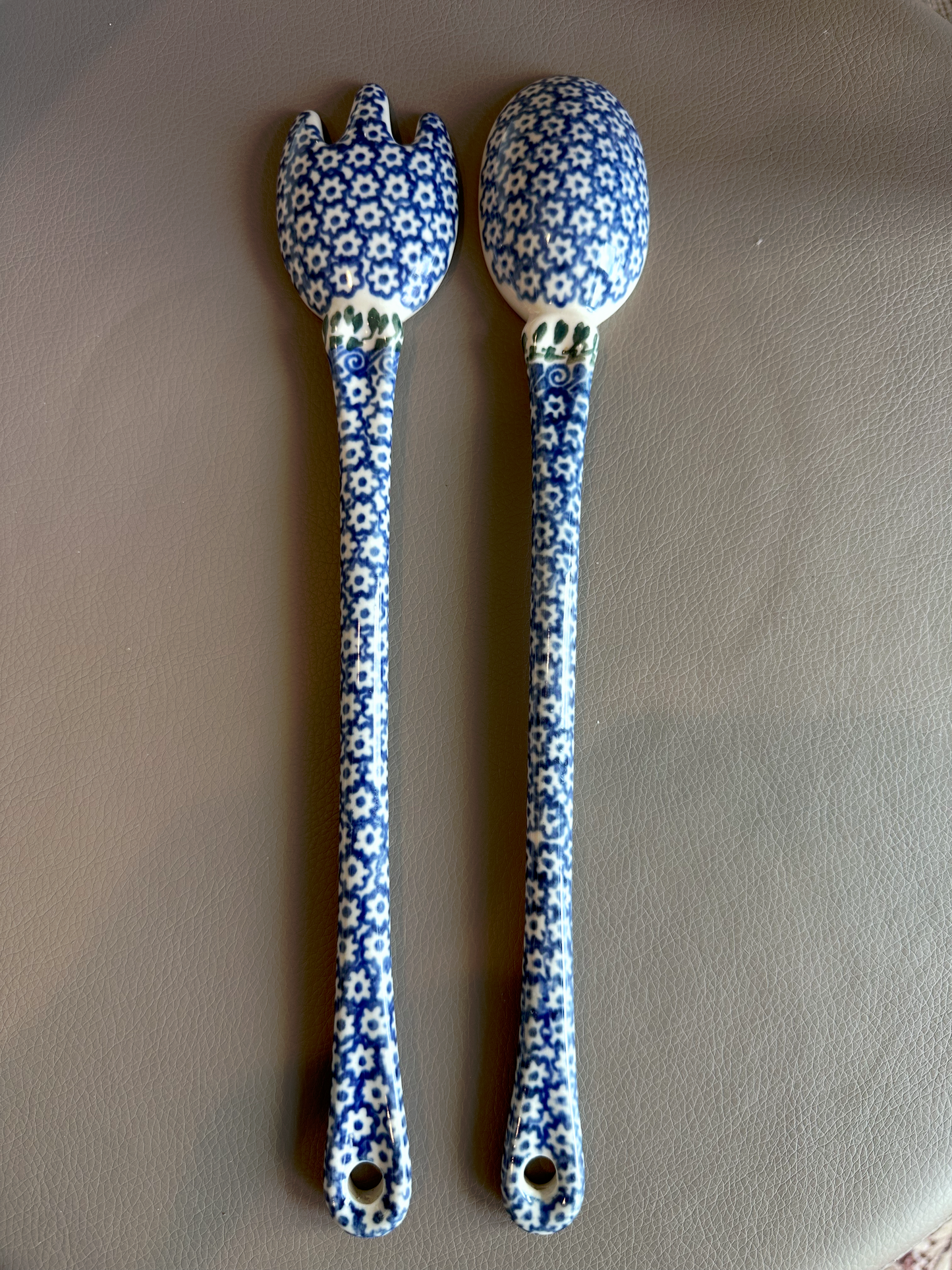 Hand Made Polish Pottery - Salad Serving Spoon and Fork Set – Pattern “Blue Confetti” – 12"(L)