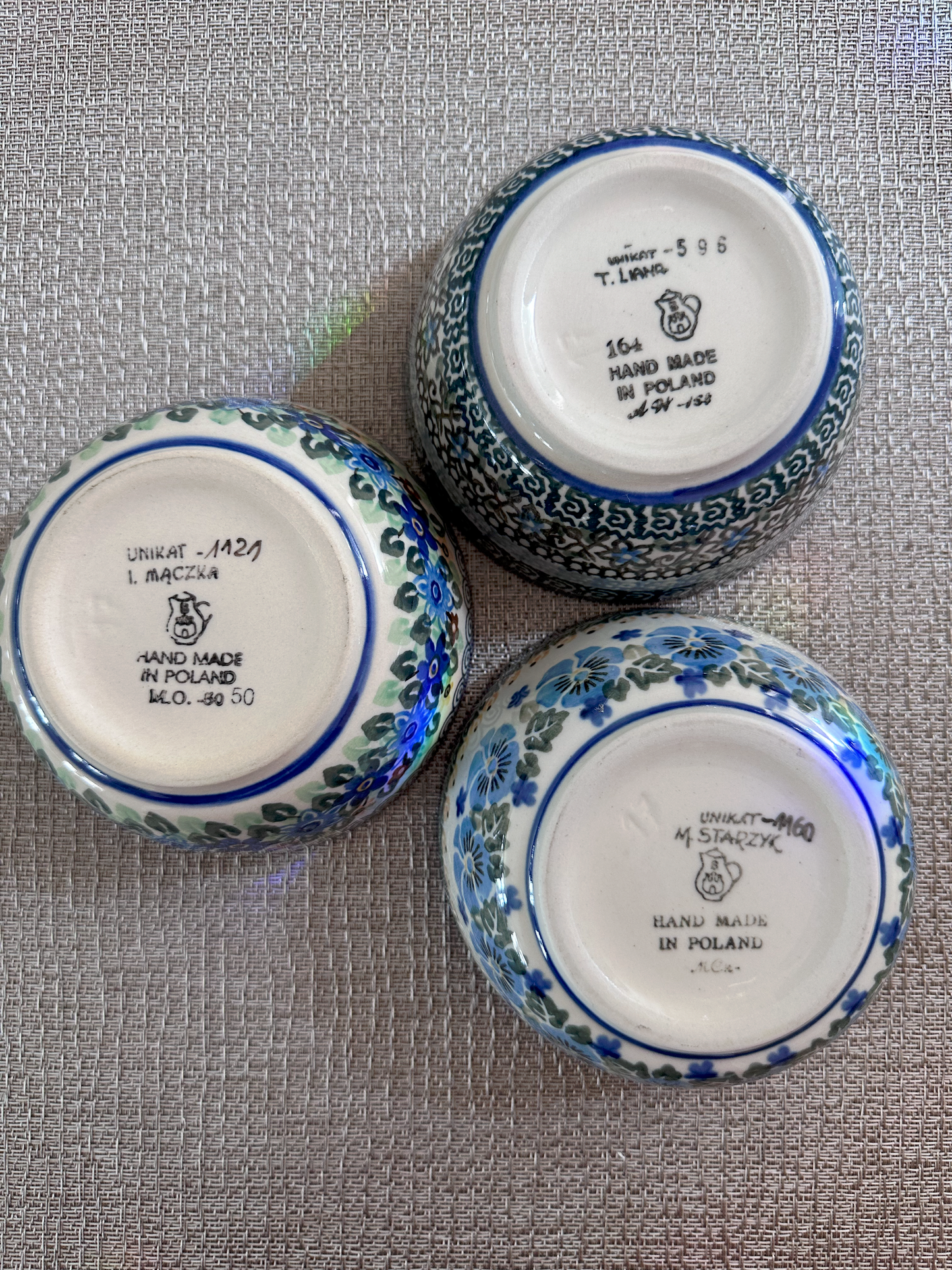 Ceramika Artystyczna – Bolesławiec Hand Made Polish Pottery - Round Fruit Bowl Set – Artist Signed by T. Liana – Mixed UNIKAT Patterns #596, #1160, and #1121 – Set of 3 – 2 1/4"(H) x 4 1/2"(Dia) - 8 Oz