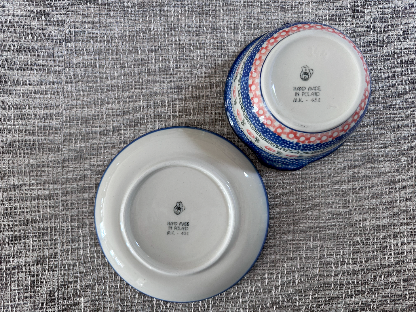 Ceramika Artystyczna – Bolesławiec Hand Made Polish Pottery – Bouillon Cup and Saucer Set (2pc) – “Polka Dot Daisy” Pattern – 8 Oz Capacity – Handmade and Artist Signed