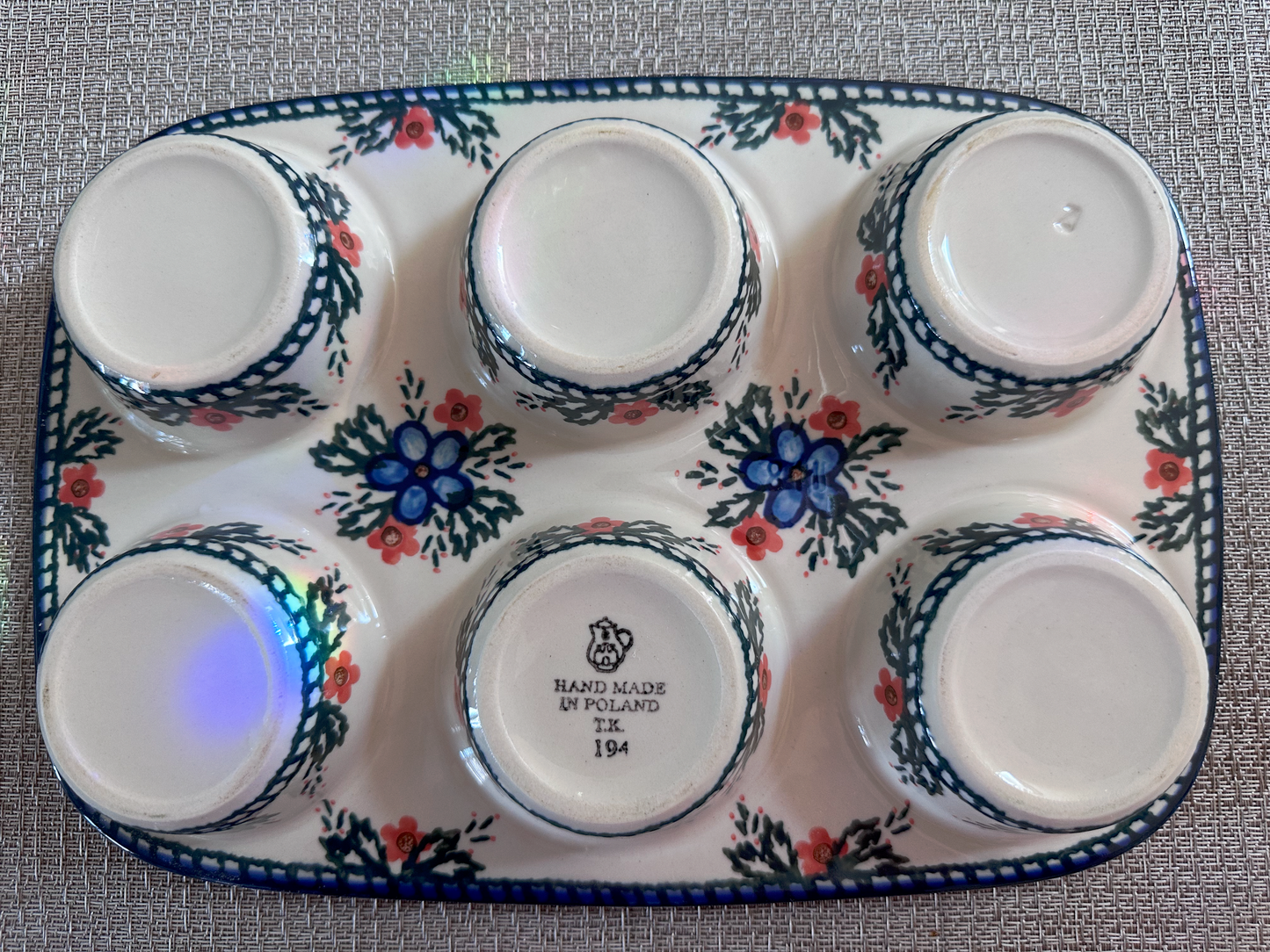 Ceramika Artystyczna – Bolesławiec Hand Made Polish Pottery - Rectangular 6-Partition Muffin Baker – Floral, Cobalt, and Pink Accents