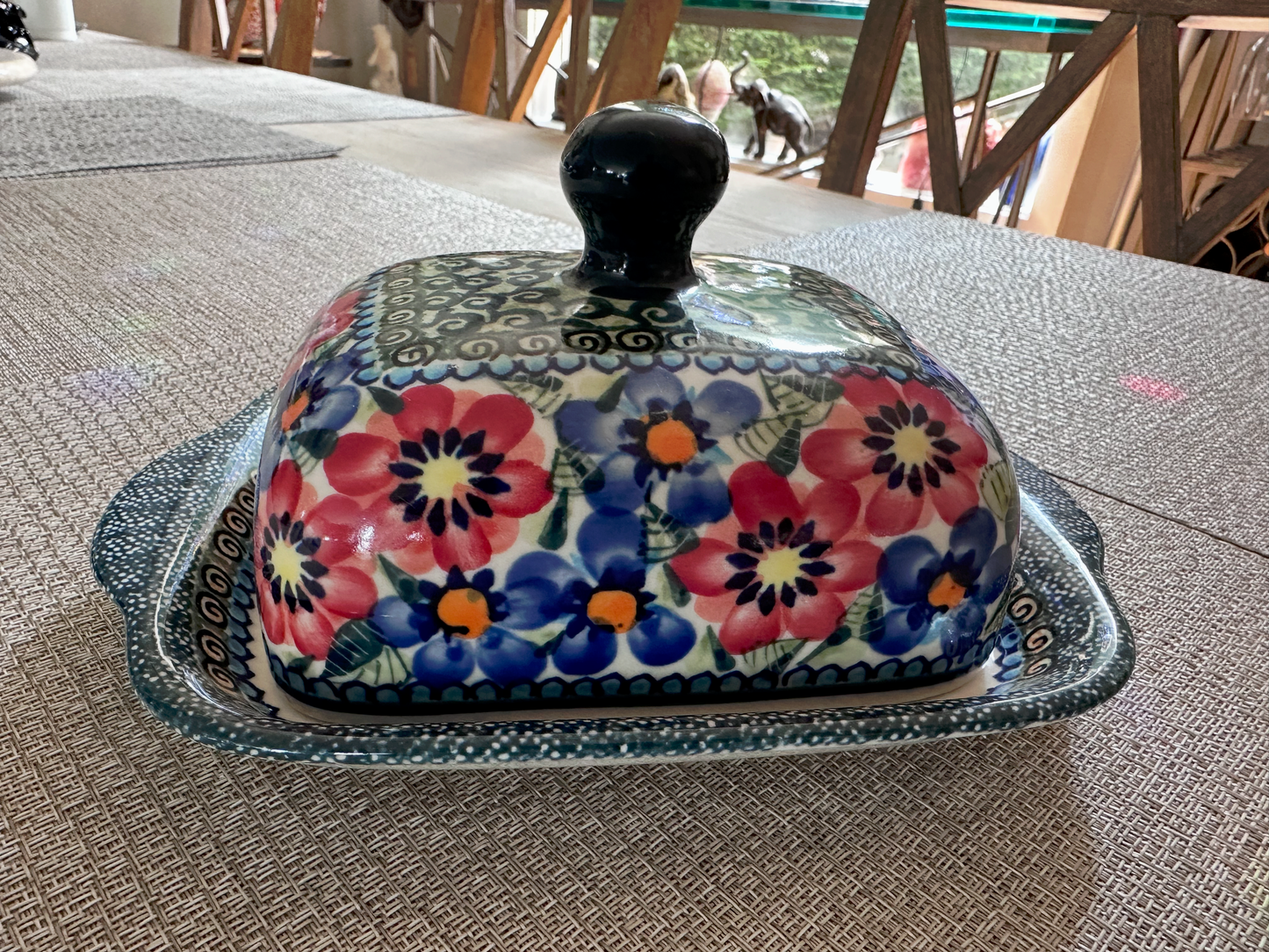 Zakłady Ceramiczne Bolesławiec Handmade Polish Pottery – Unikat #358-AR-129 "Vibrant Bouquet" Pattern Butter Dish with Lid