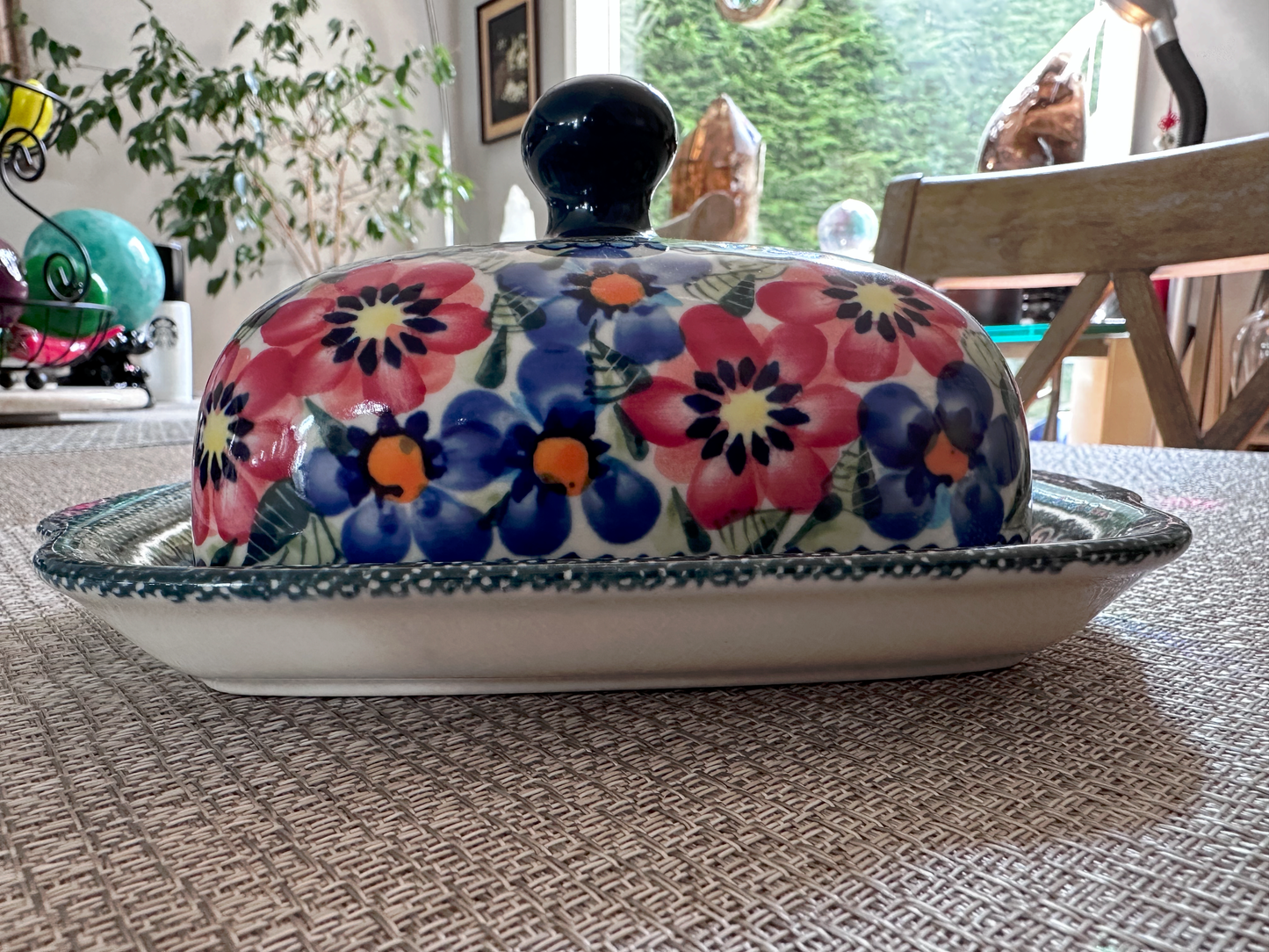 Zakłady Ceramiczne Bolesławiec Handmade Polish Pottery – Unikat #358-AR-129 "Vibrant Bouquet" Pattern Butter Dish with Lid