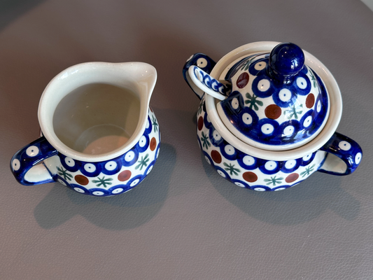 Zakłady Ceramiczne Bolesławiec Handmade Polish Pottery – "Mosquito" Pattern Sugar Bowl - Creamer & Spoon Set