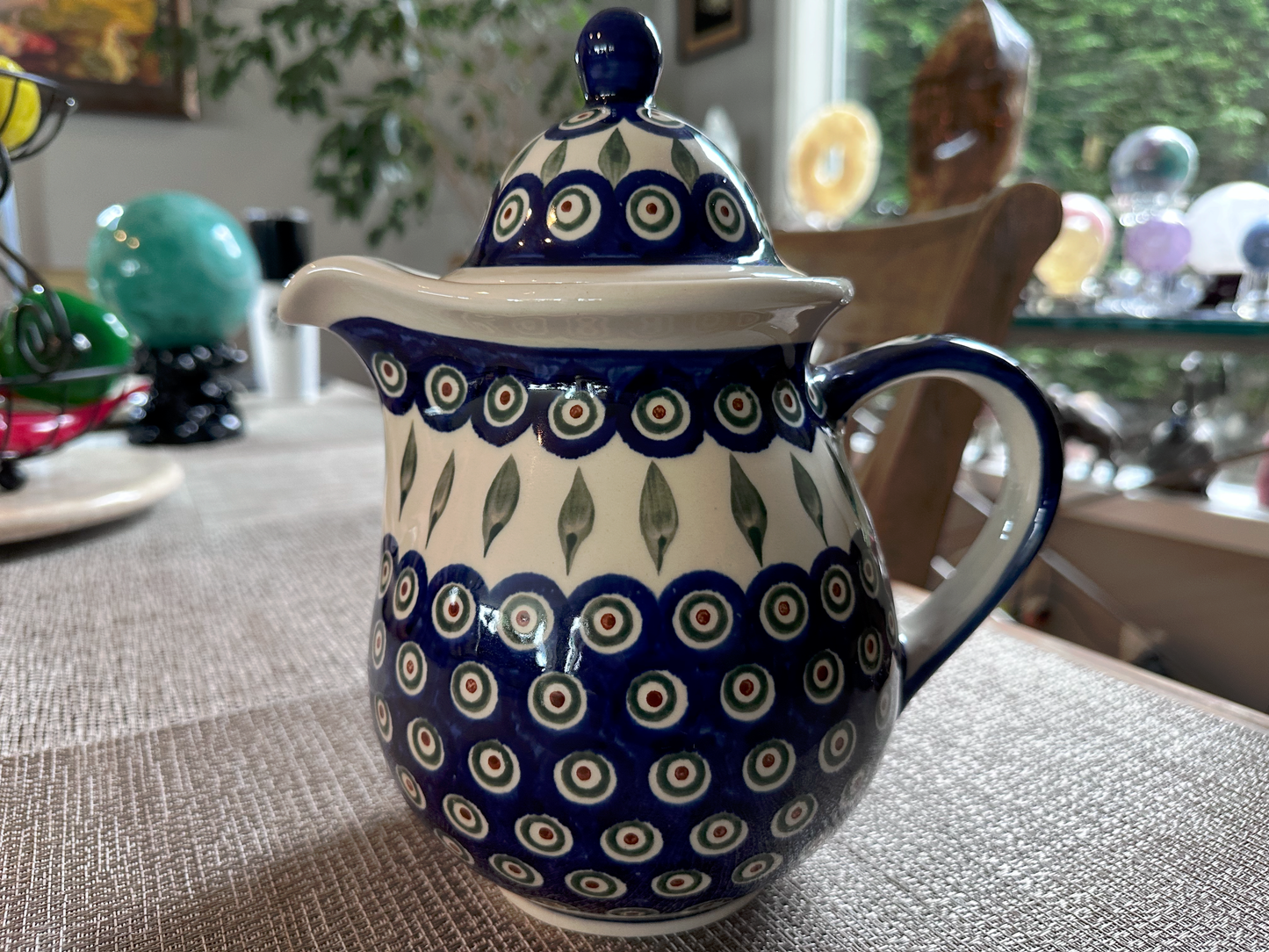 Zakłady Ceramiczne Bolesławiec Polish Pottery - Handmade - Pitcher with Lid – "Peacock Leaf" Pattern, 1 1/2 Qt