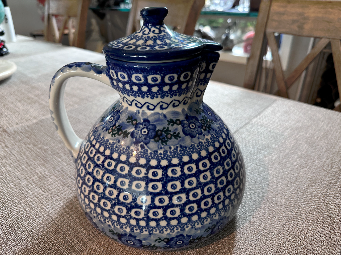 Ceramika Artystyczna – Bolesławiec Hand Made Polish Pottery – Coffee Server / Pitcher with Lid – Artist Signed A. Pasiergiewicz – Unikat #82 – 9" Tall - 2 1/2 Qt