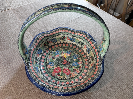 Ceramika Artystyczna Bolesławiec Polish Pottery - Handled Basket – Unikat #4054 “Romantic Fascination” – Handmade &amp; Artist Signed by M. Starzyk