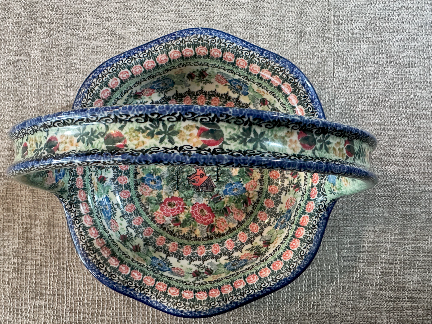 Ceramika Artystyczna Bolesławiec Polish Pottery - Handled Basket – Unikat #4054 “Romantic Fascination” – Handmade &amp; Artist Signed by M. Starzyk