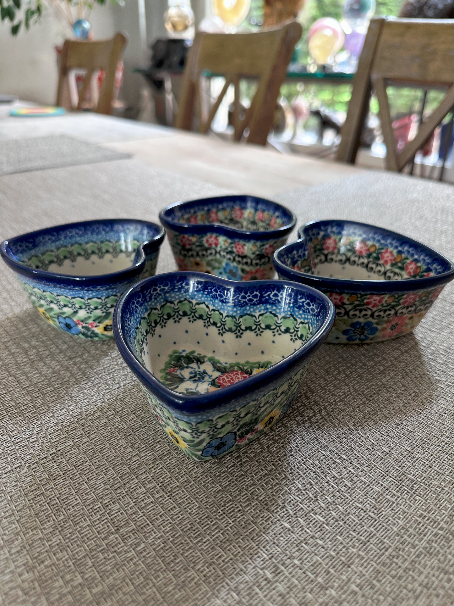 Ceramika Artystyczna Bolesławiec Polish Pottery – Heart Shaped Bowl Set (4pc) – Unikat #3247 and #3345 “T. Liana” – Handmade &amp; Artist Signed - 4 Oz