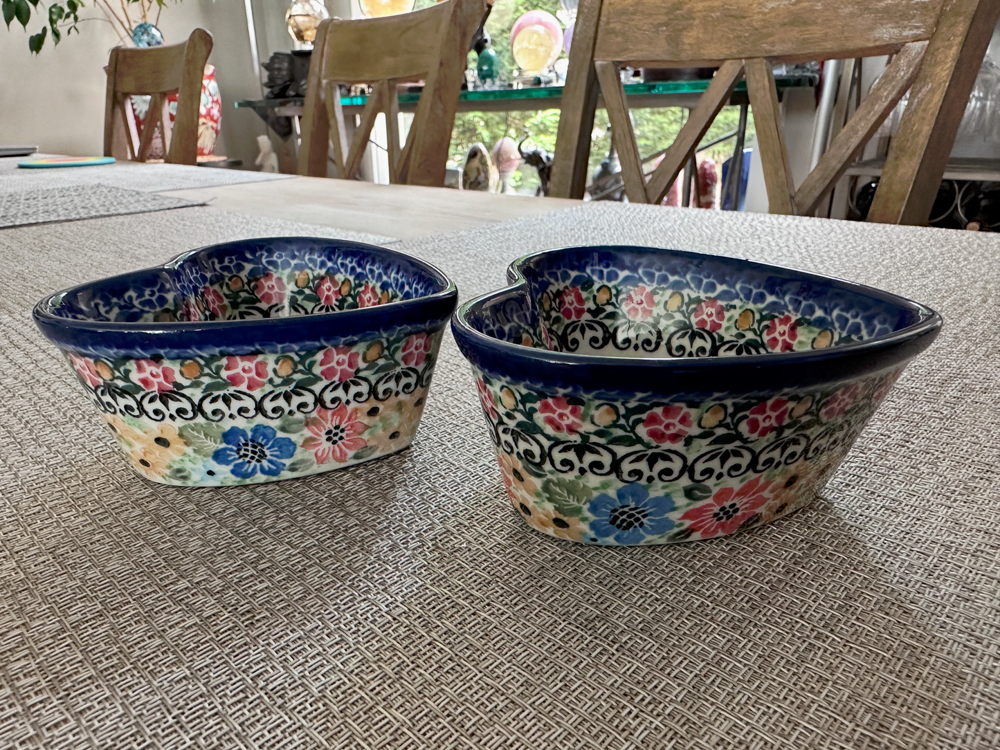 Ceramika Artystyczna Bolesławiec Polish Pottery – Heart Shaped Bowl Set (4pc) – Unikat #3247 and #3345 “T. Liana” – Handmade &amp; Artist Signed - 4 Oz