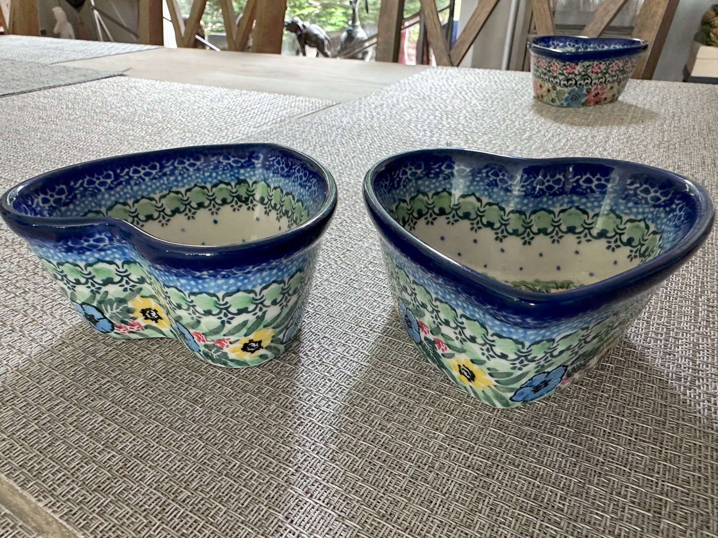 Ceramika Artystyczna Bolesławiec Polish Pottery – Heart Shaped Bowl Set (4pc) – Unikat #3247 and #3345 “T. Liana” – Handmade &amp; Artist Signed - 4 Oz