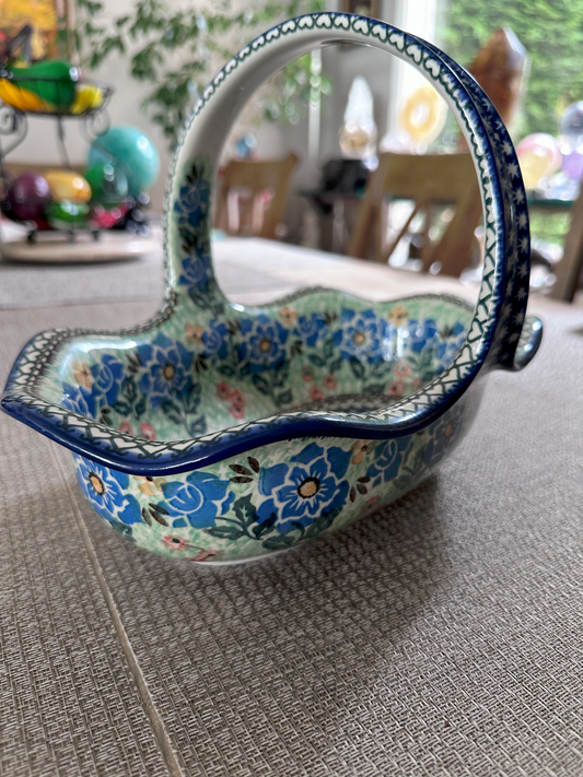 Ceramika Artystyczna – Bolesławiec Hand Made Polish Pottery - Oval Basket with Handle – “Presence of Love” Pattern – Unikat #1973 – Limited Edition 2007 – Artist Signed: Teresa Andrukiewicz