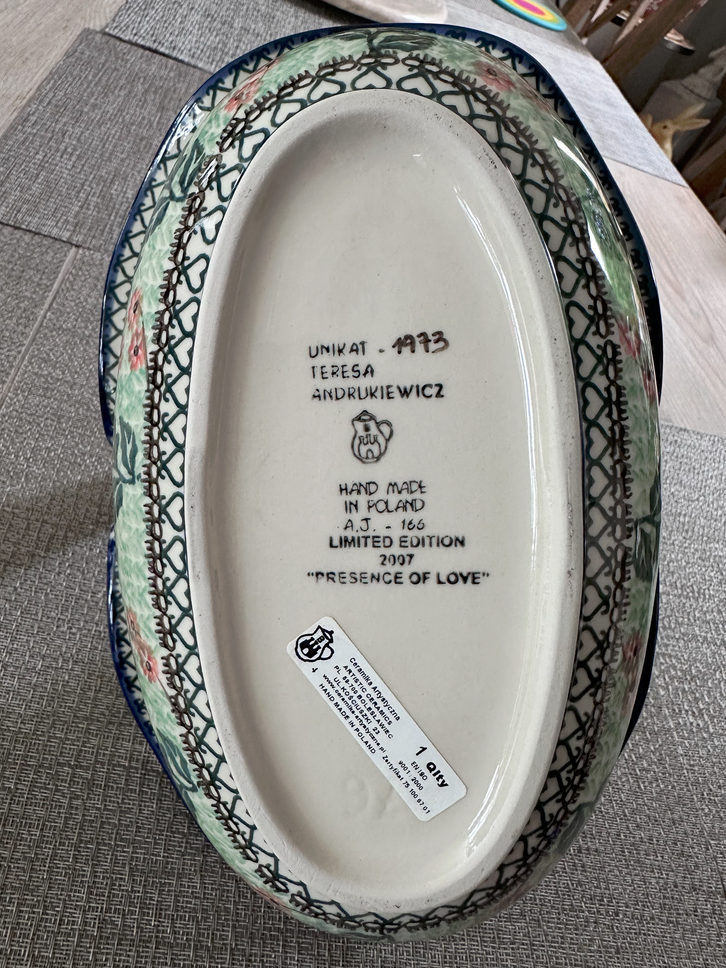 Ceramika Artystyczna – Bolesławiec Hand Made Polish Pottery - Oval Basket with Handle – “Presence of Love” Pattern – Unikat #1973 – Limited Edition 2007 – Artist Signed: Teresa Andrukiewicz