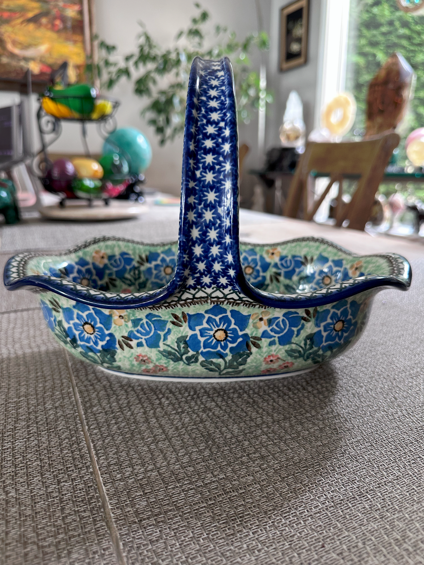 Ceramika Artystyczna – Bolesławiec Hand Made Polish Pottery - Oval Basket with Handle – “Presence of Love” Pattern – Unikat #1973 – Limited Edition 2007 – Artist Signed: Teresa Andrukiewicz