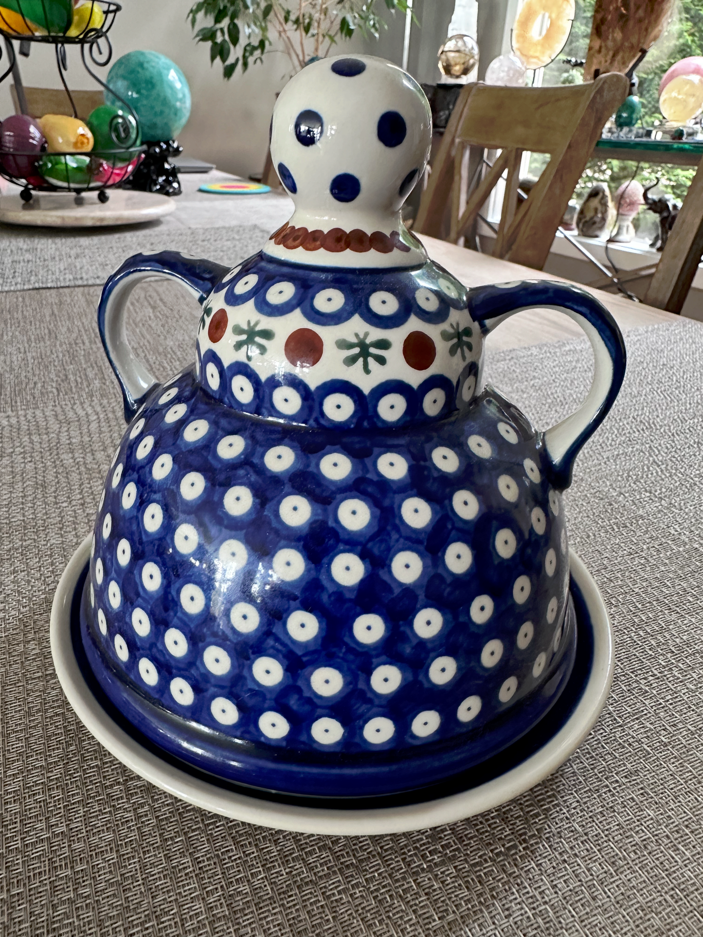 Zakłady Ceramiczne – Bolesławiec Hand Made Polish Pottery - Cheese Lady with Lid – “Mosquito” Pattern – 8"(H) x 7 3/4"(Dia)