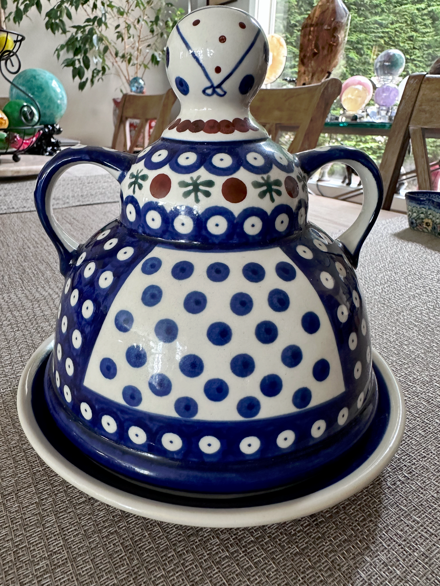 Zakłady Ceramiczne – Bolesławiec Hand Made Polish Pottery - Cheese Lady with Lid – “Mosquito” Pattern – 8"(H) x 7 3/4"(Dia)