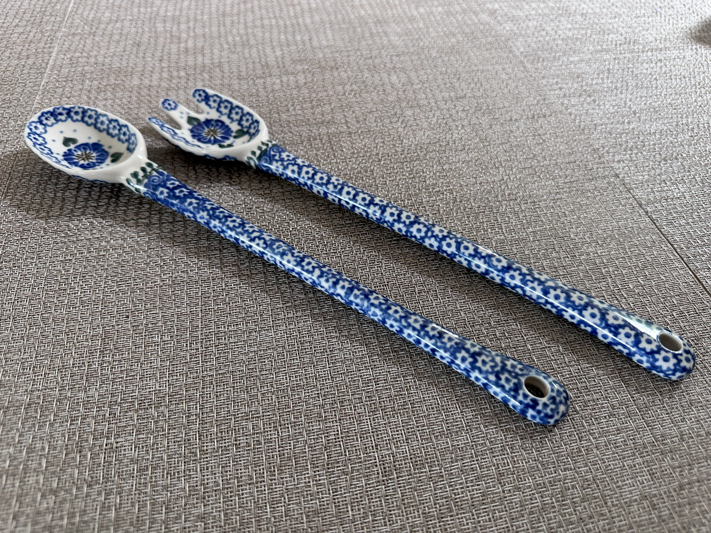 Hand Made Polish Pottery - Salad Serving Spoon and Fork Set – Pattern “Blue Confetti” – 12"(L)