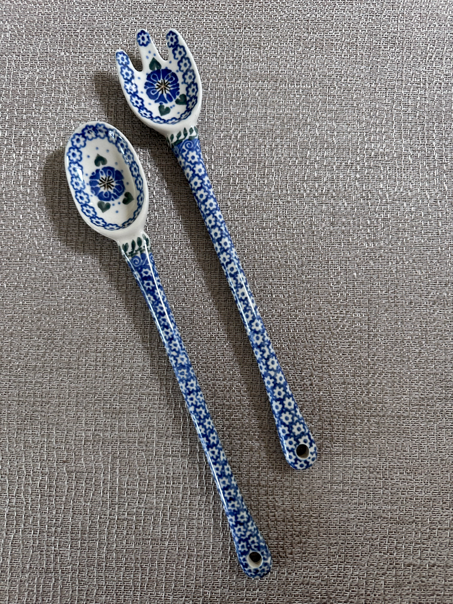 Hand Made Polish Pottery - Salad Serving Spoon and Fork Set – Pattern “Blue Confetti” – 12"(L)