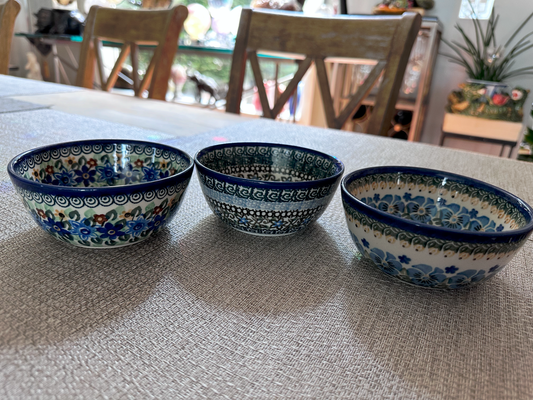 Ceramika Artystyczna – Bolesławiec Hand Made Polish Pottery - Round Fruit Bowl Set – Artist Signed by T. Liana – Mixed UNIKAT Patterns #596, #1160, and #1121 – Set of 3 – 2 1/4"(H) x 4 1/2"(Dia) - 8 Oz