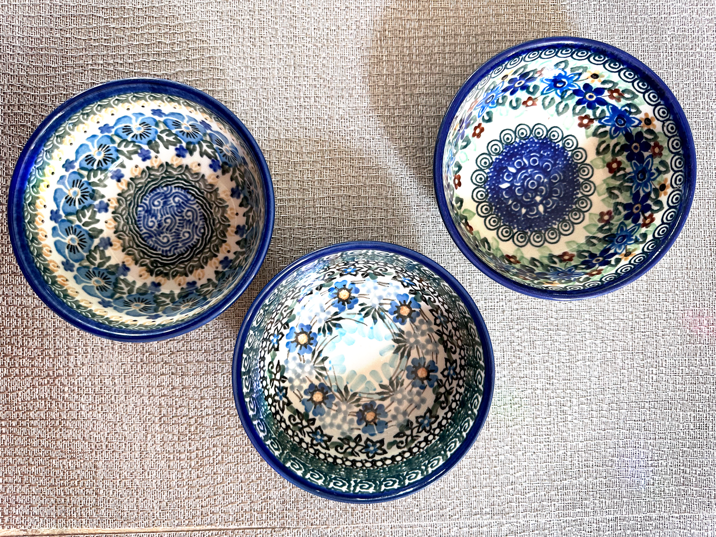 Ceramika Artystyczna – Bolesławiec Hand Made Polish Pottery - Round Fruit Bowl Set – Artist Signed by T. Liana – Mixed UNIKAT Patterns #596, #1160, and #1121 – Set of 3 – 2 1/4"(H) x 4 1/2"(Dia) - 8 Oz