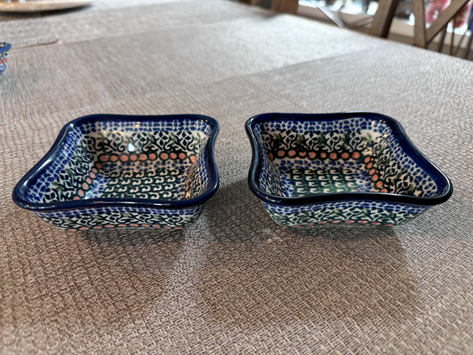 Ceramika Artystyczna – Bolesławiec Hand Made Polish Pottery - Square Wavy Edge Snack Bowl – Set of 2 – 4 (Oz)