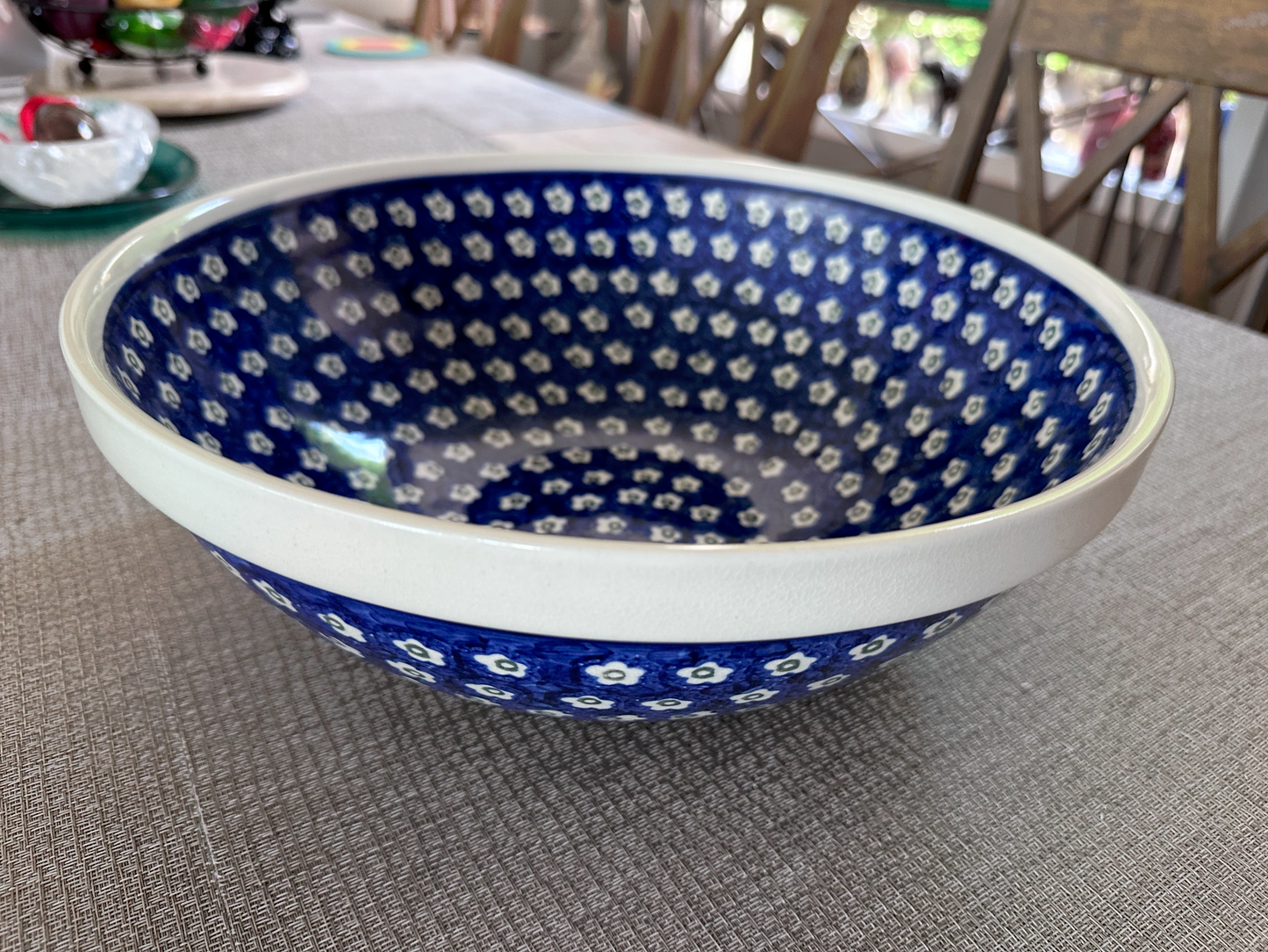 Ceramika Artystyczna – Bolesławiec Hand Made Polish Pottery – 12" Round Serving Bowl – "Blue Confetti" Pattern – 4 Quart Capacity