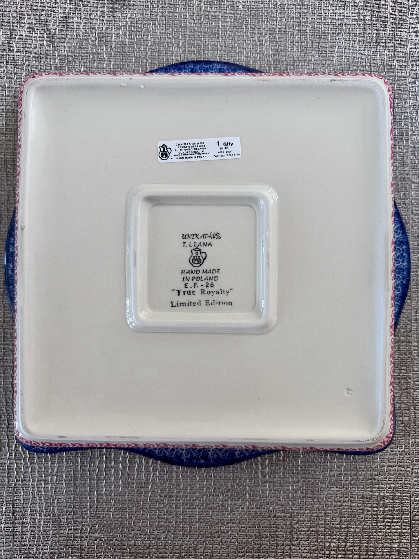 Ceramika Artystyczna – Bolesławiec Hand Made Polish Pottery Square Scalloped Edge Bowl – Artist Signed T. Liana – Limited Edition "True Royalty" Pattern - Unikat #4058 – 1 Qt