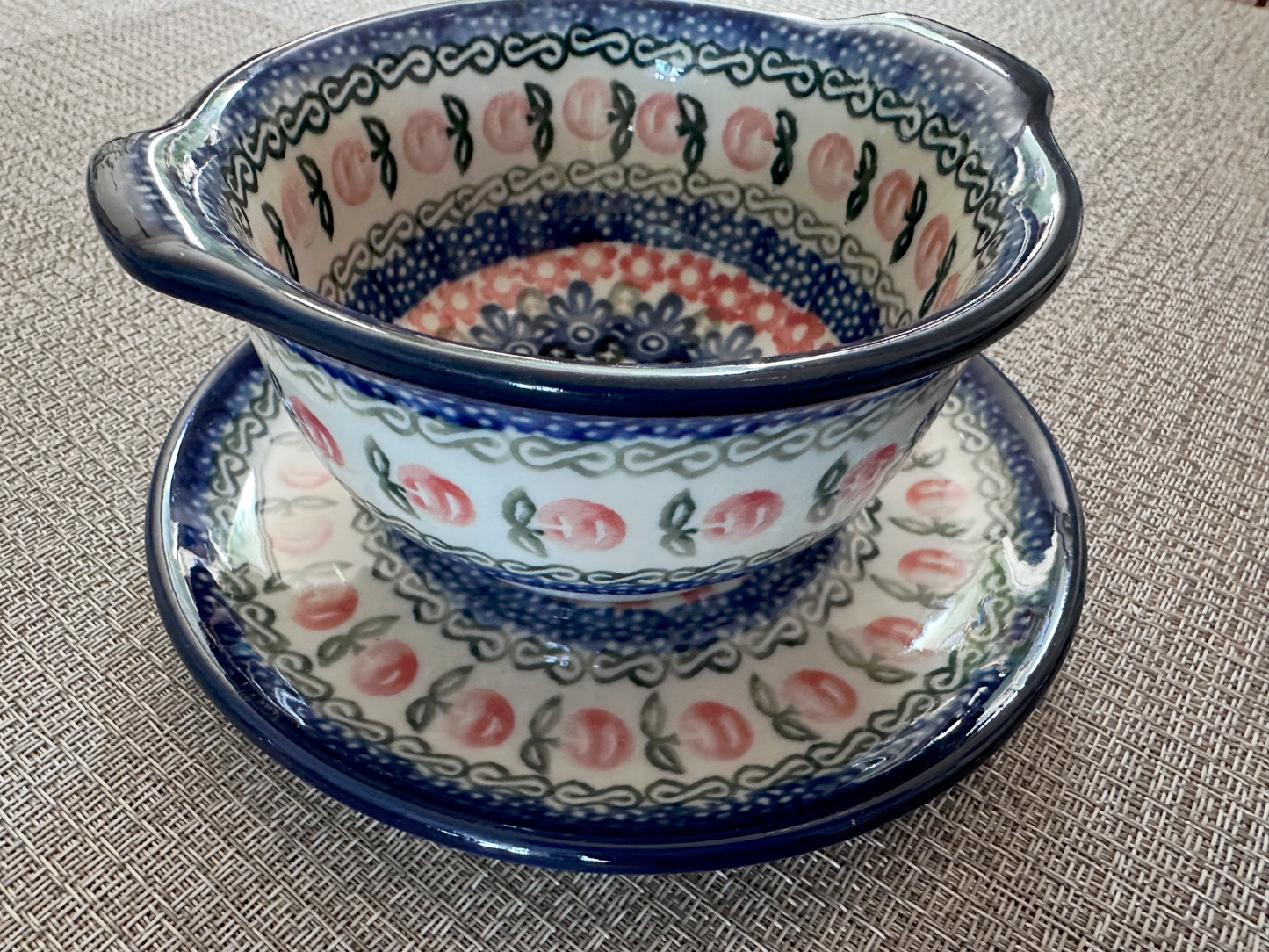 Ceramika Artystyczna – Bolesławiec Hand Made Polish Pottery – Bouillon Cup and Saucer Set (2pc) – “Polka Dot Daisy” Pattern – 8 Oz Capacity – Handmade and Artist Signed