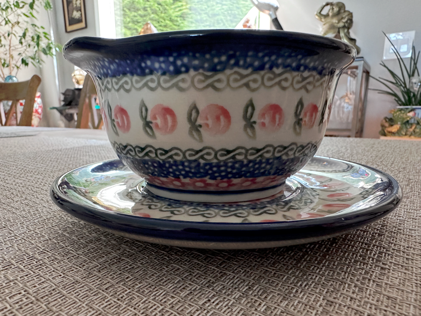 Ceramika Artystyczna – Bolesławiec Hand Made Polish Pottery – Bouillon Cup and Saucer Set (2pc) – “Polka Dot Daisy” Pattern – 8 Oz Capacity – Handmade and Artist Signed