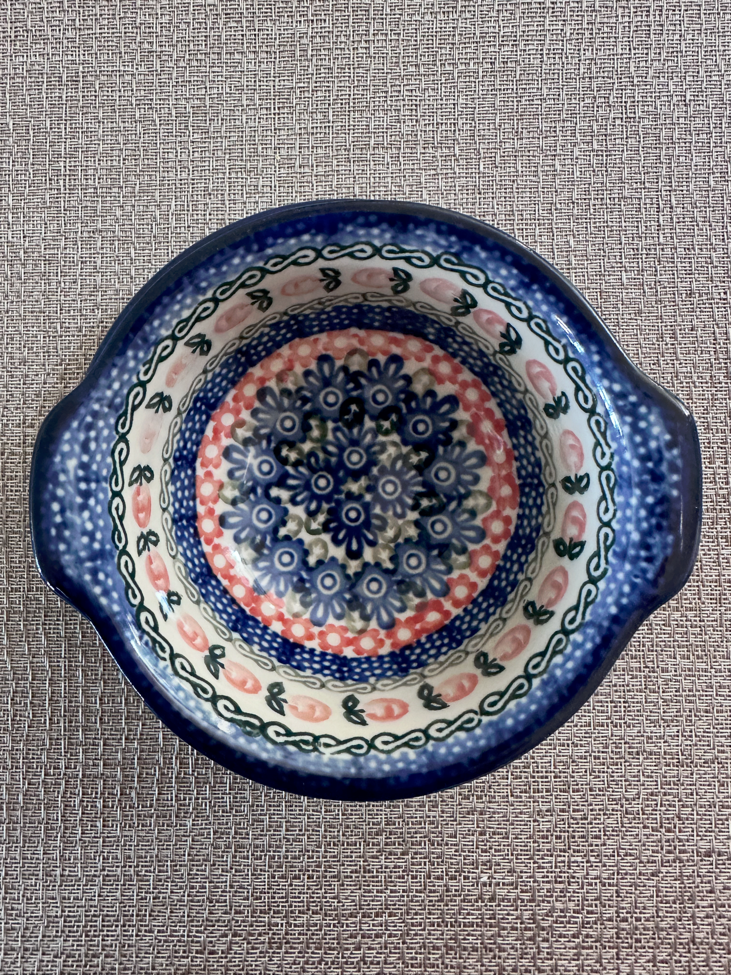 Ceramika Artystyczna – Bolesławiec Hand Made Polish Pottery – Bouillon Cup and Saucer Set (2pc) – “Polka Dot Daisy” Pattern – 8 Oz Capacity – Handmade and Artist Signed