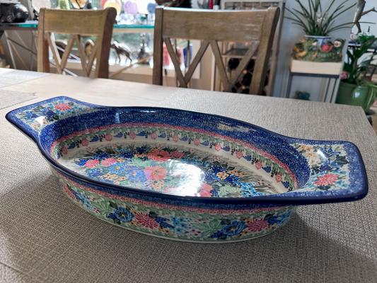 Ceramika Artystyczna – Bolesławiec Hand Made Polish Pottery - Large Oval Serving / Baking Dish – Artist Signed T. Liana – Limited Edition “Sweet Sentimental Feelings” Pattern – Unikat #4055