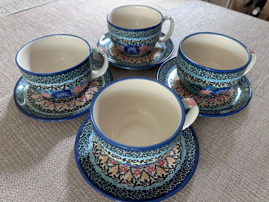 Ceramika Artystyczna – Bolesławiec Hand Made Polish Pottery - Set of 4 - Beverage Cups and Saucers – Artist Signed T. Liana – Unikat #2019 – 8 Oz Capacity