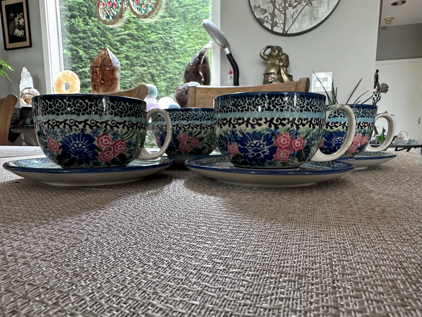 Ceramika Artystyczna – Bolesławiec Hand Made Polish Pottery - Set of 4 - Beverage Cups and Saucers – Artist Signed T. Liana – Unikat #2019 – 8 Oz Capacity