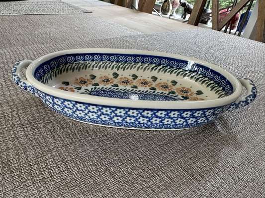Ceramika Artystyczna – Bolesławiec Hand Made Polish Pottery - Oval Casserole / Au Gratin Baker with Handles – 8 Oz Capacity