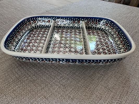 Ceramika Artystyczna – Bolesławiec Hand Made Polish Pottery - Rectangular Partitioned Serving Tray – 1 1/2"(H) x 7"(W) x 9 1/2"(L)