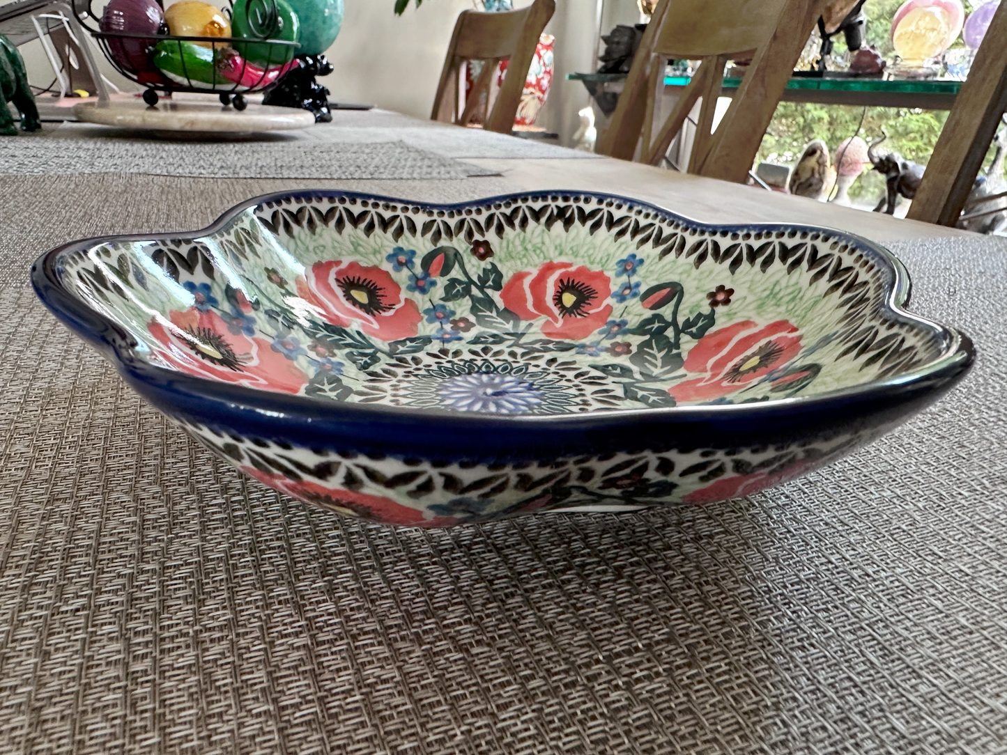 Ceramika Artystyczna – Bolesławiec Hand Made Polish Pottery - Round Fluted Serving Dish – Artist Signed Teresa Andrukiewicz – "Poppies" Pattern – Unikat #1274 – 8 Oz Capacity