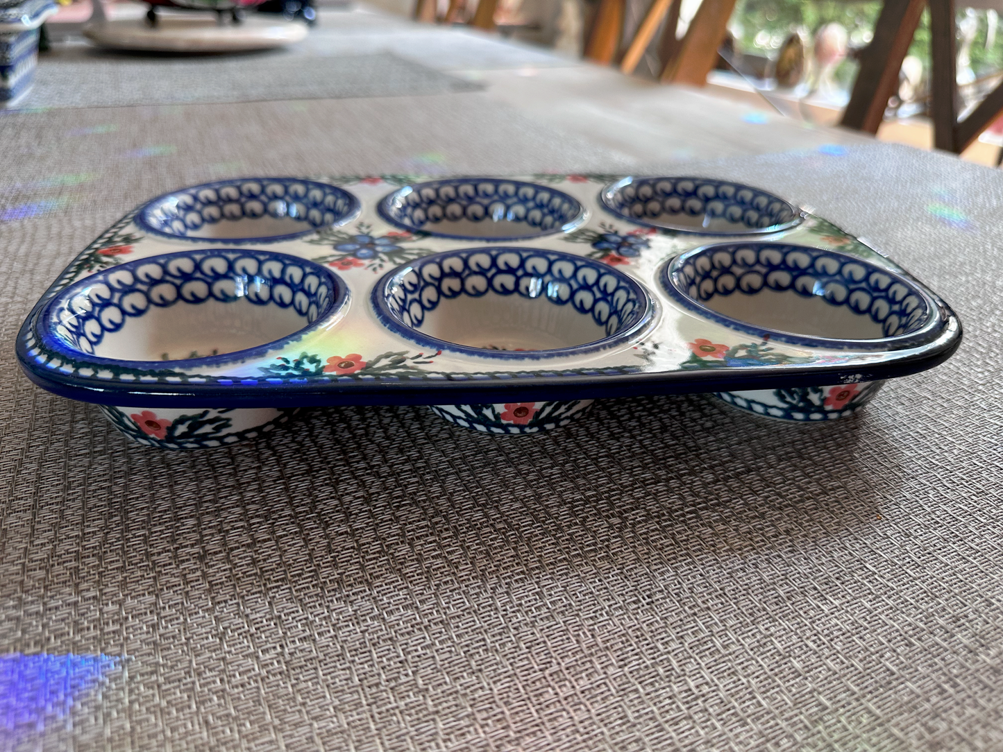Ceramika Artystyczna – Bolesławiec Hand Made Polish Pottery - Rectangular 6-Partition Muffin Baker – Floral, Cobalt, and Pink Accents