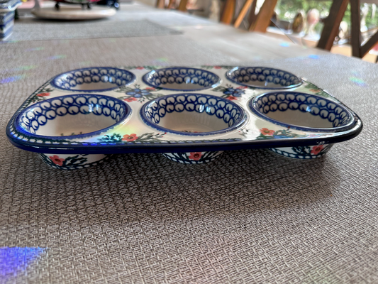 Ceramika Artystyczna – Bolesławiec Hand Made Polish Pottery - Rectangular 6-Partition Muffin Baker – Floral, Cobalt, and Pink Accents