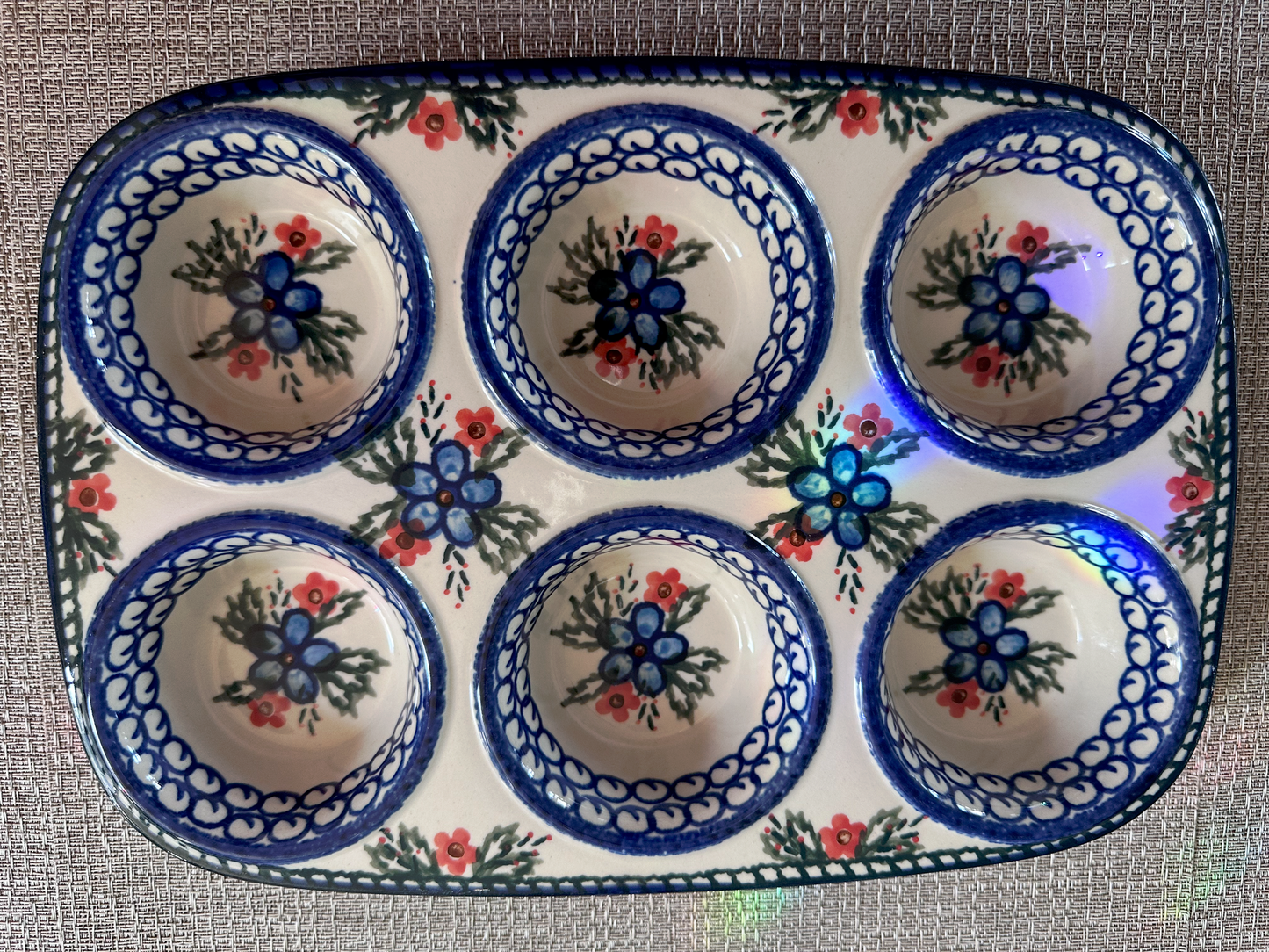 Ceramika Artystyczna – Bolesławiec Hand Made Polish Pottery - Rectangular 6-Partition Muffin Baker – Floral, Cobalt, and Pink Accents