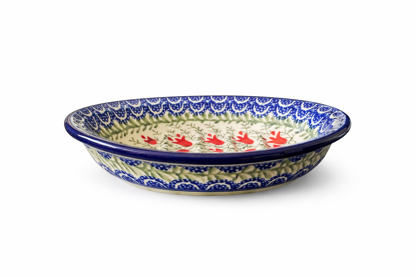 Ceramika Artystyczna Bolesławiec Polish Pottery - Handmade - “Red Floral Vinę” Pattern - Oval Soap Dish - 4.5" x 5.5"
