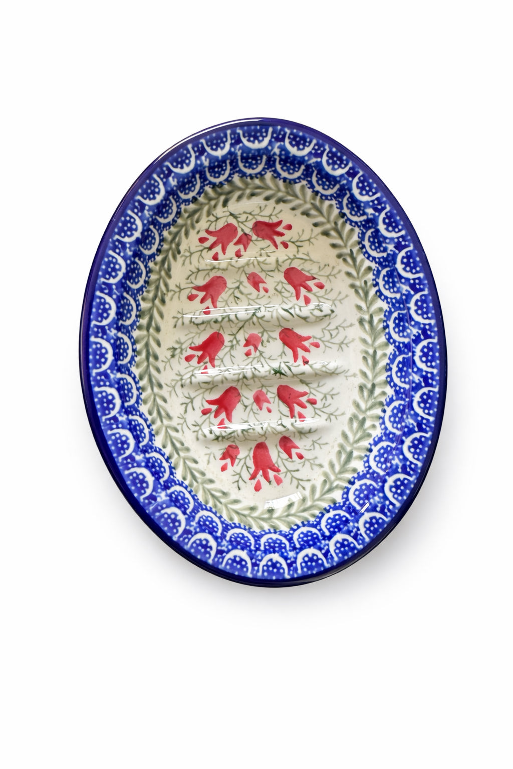 Ceramika Artystyczna Bolesławiec Polish Pottery - Handmade - “Red Floral Vinę” Pattern - Oval Soap Dish - 4.5" x 5.5"